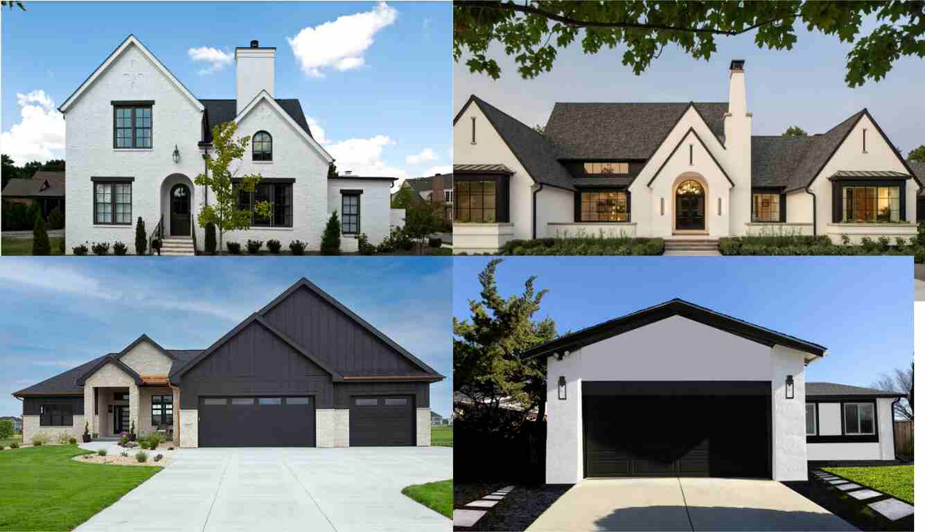 white stucco house black trim