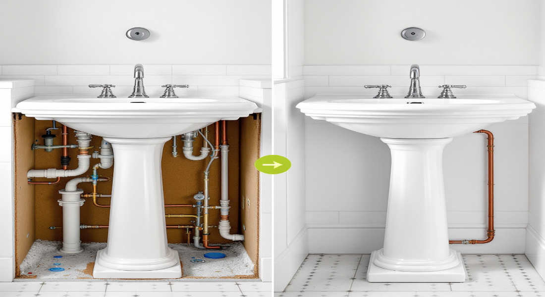 how to hide house plumbing behind pedestal sink